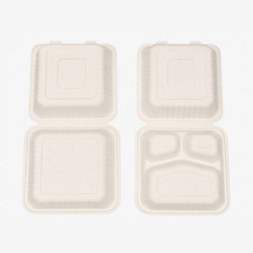 Hinged Bagasse Clamshell Boxes for Meal Packing Hinged Bagasse Clamshell Boxes for Meal Packing