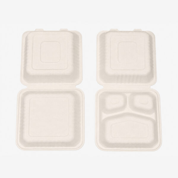 Hinged Bagasse Clamshell Boxes for Meal Packing Hinged Bagasse Clamshell Boxes for Meal Packing
