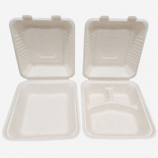 Hinged Bagasse Clamshell Boxes for Meal Packing Hinged Bagasse Clamshell Boxes for Meal Packing