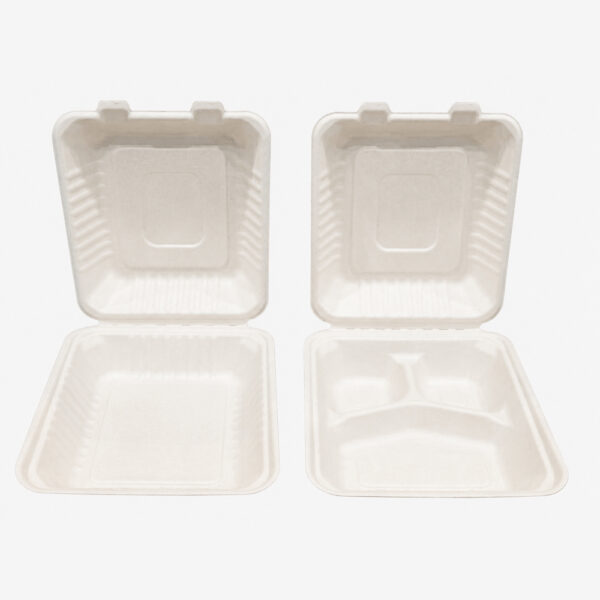 Hinged Bagasse Clamshell Boxes for Meal Packing Hinged Bagasse Clamshell Boxes for Meal Packing