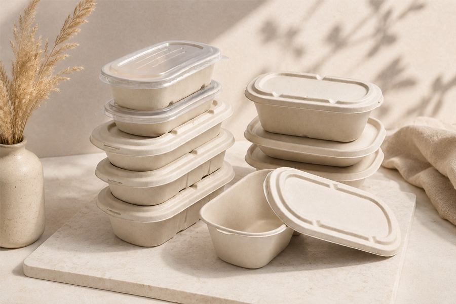 Hinged bagasse containers for fast takeaway packing and food delivery