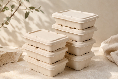 Hinged bagasse containers for fast takeaway packing and food delivery