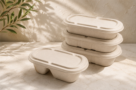Hinged bagasse containers for fast takeaway packing and food delivery