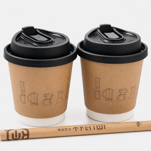 Kraft Custom Printed Paper Coffee Cups with Black Sip Lids Kraft Custom Printed Paper Coffee Cups with Black Sip Lids
