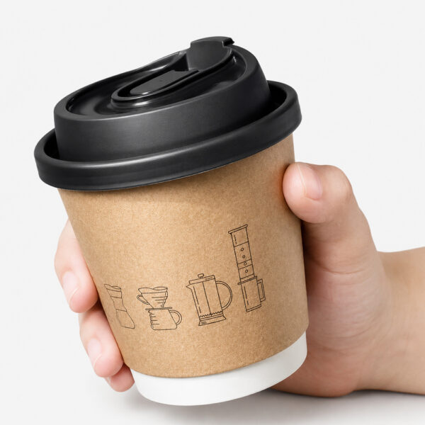 Kraft Custom Printed Paper Coffee Cups with Black Sip Lids Kraft Custom Printed Paper Coffee Cups with Black Sip Lids