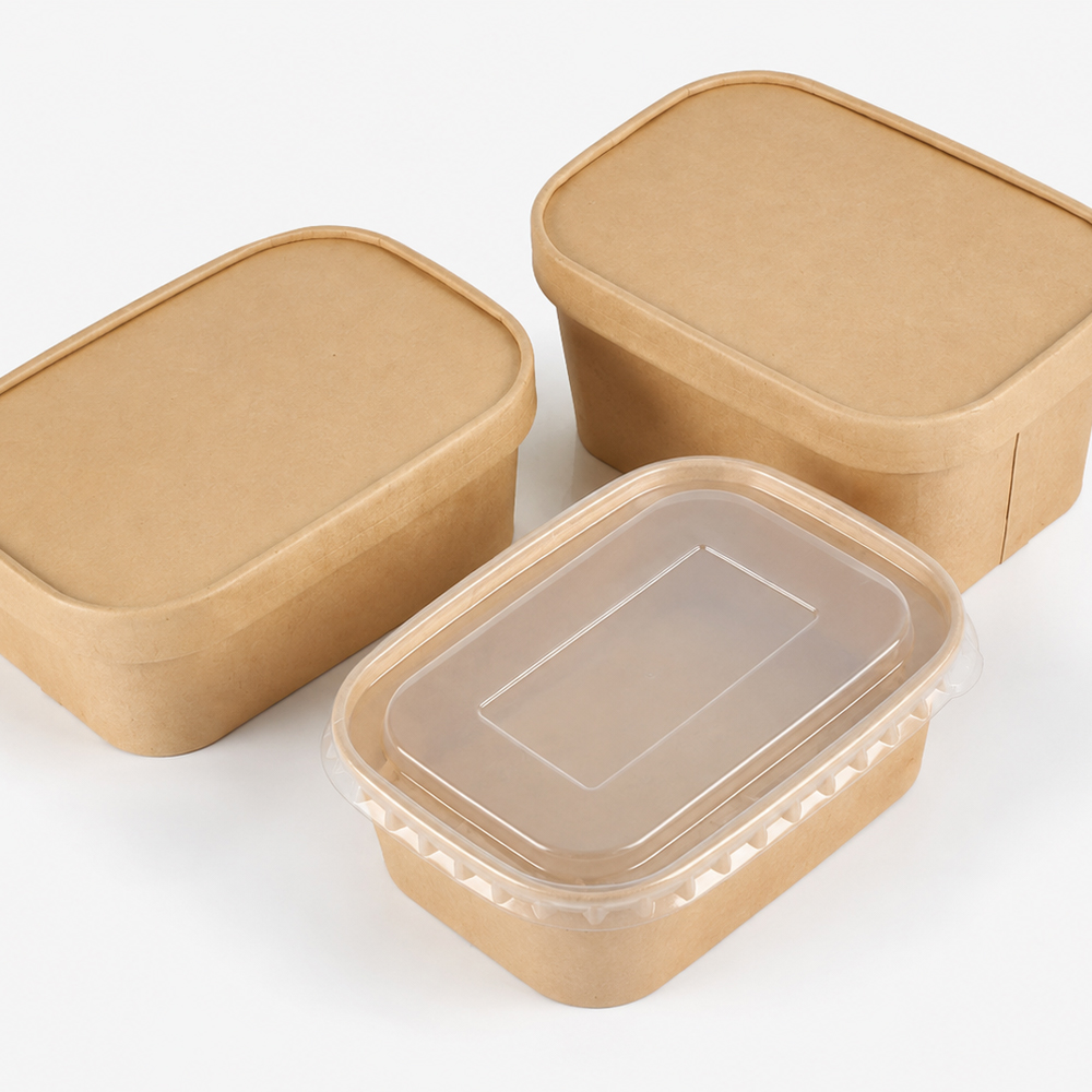 Kraft Rectangular Paper Bowl with Snap-On Clear Lid