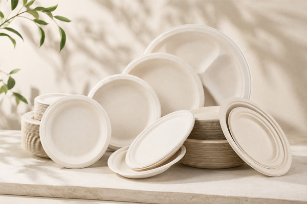 Molded pulp disposable plates made from sugarcane fiber
