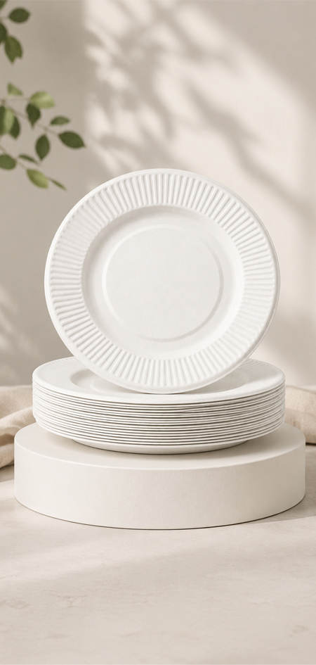Natural molded fiber plates for hot meals, snacks, and catering service