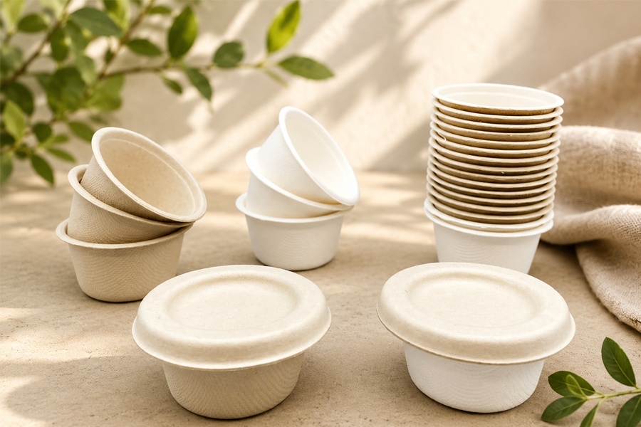Natural sugarcane fiber sauce cups for catering and takeaway meals