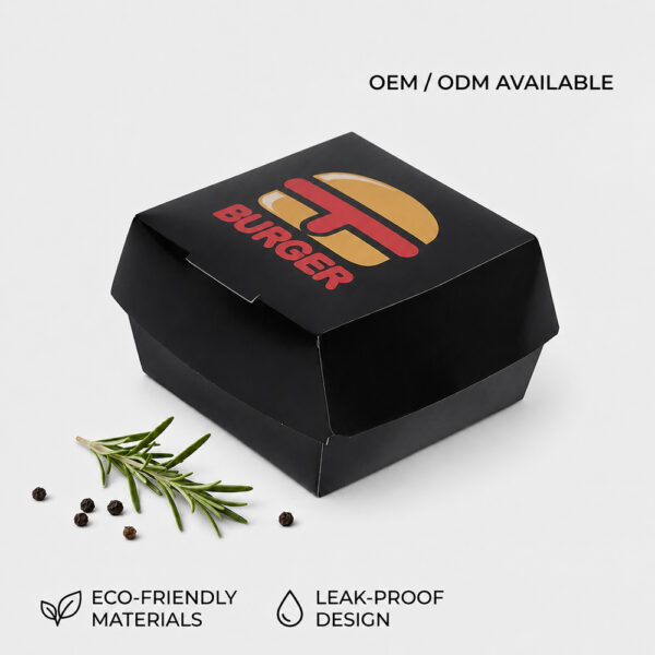 Paper Burger Box with Folded Lid for Takeaway Meals