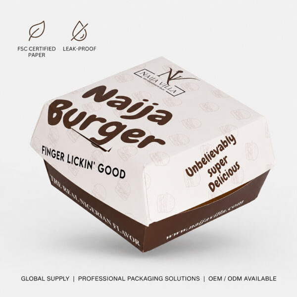 Paper Burger Box with Folded Lid for Takeaway Meals