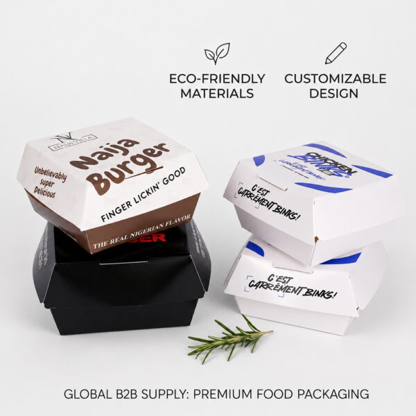 Paper Burger Box with Folded Lid for Takeaway Meals