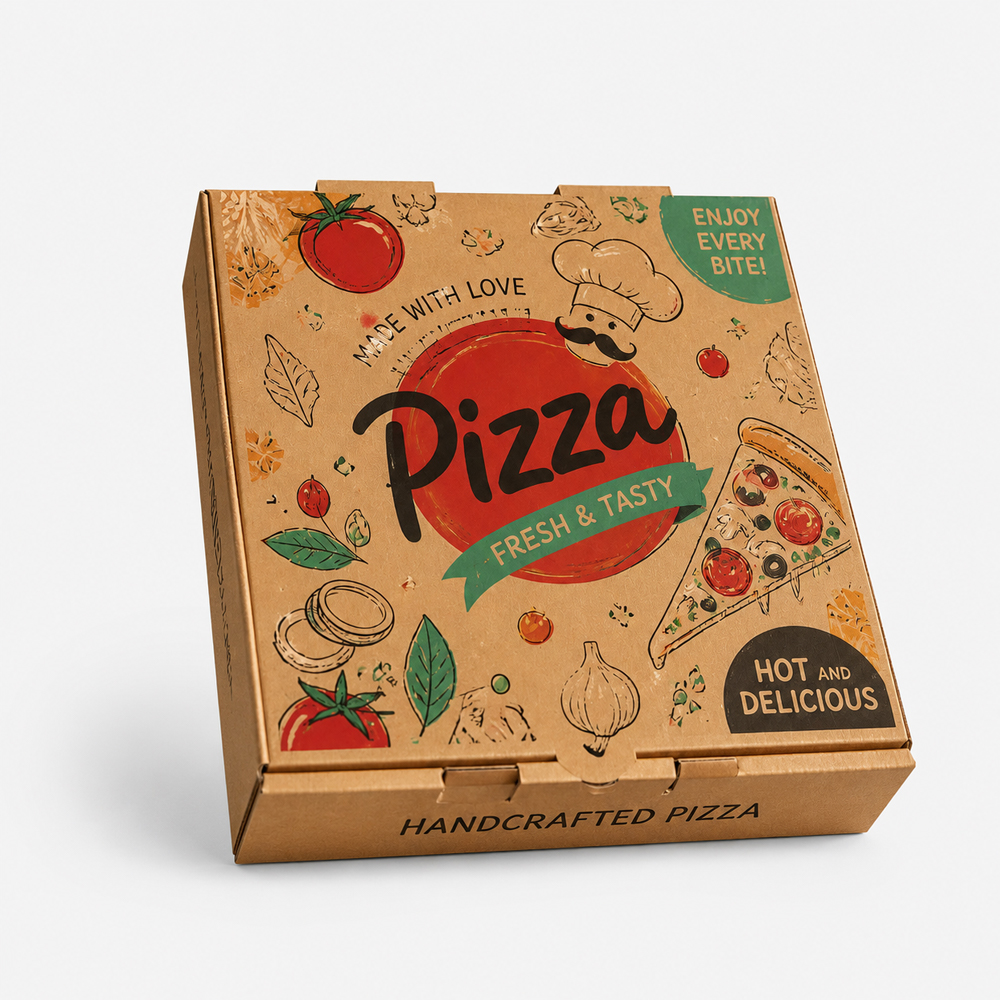 Printed Paper Pizza Box with Hinged Lid for Delivery