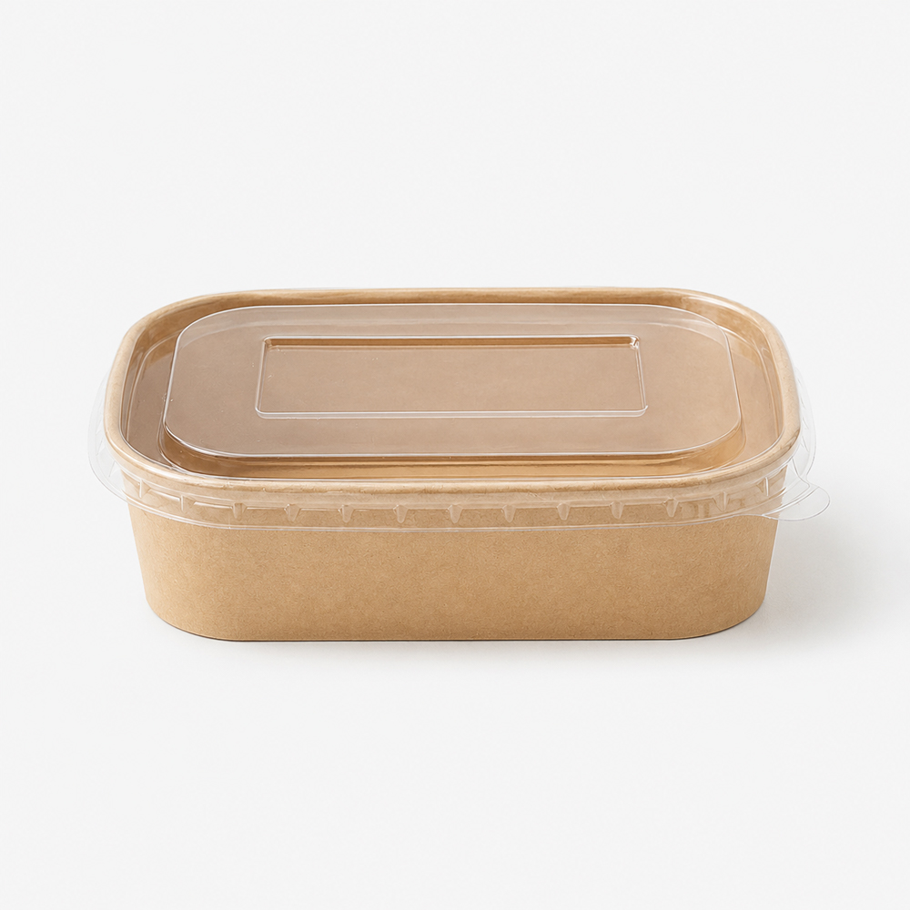 Rectangular Kraft Paper Bowl with Clear Lid for Takeaway