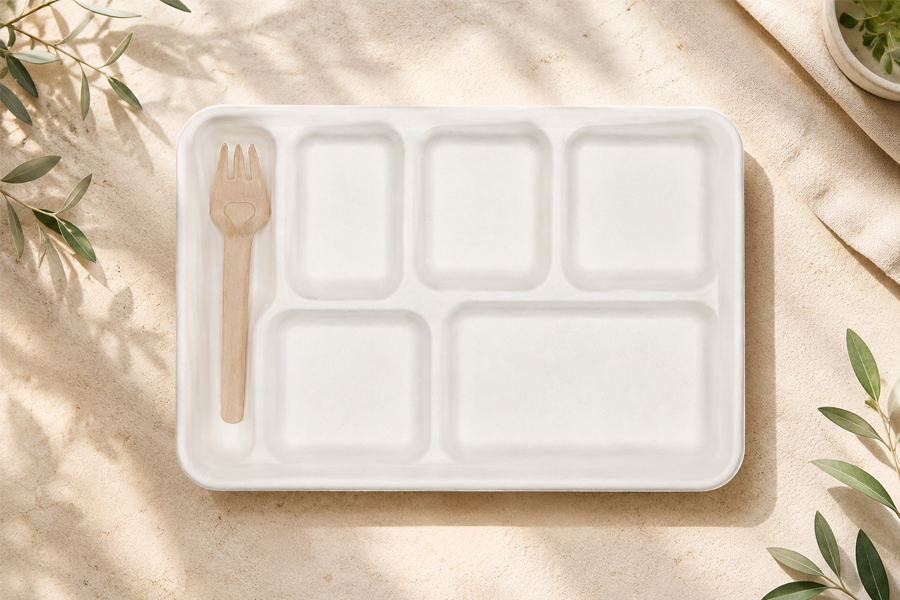 Rectangular bagasse tray for prepared food packaging