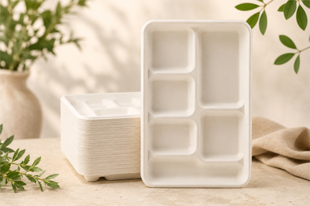Rectangular bagasse tray for prepared food packaging