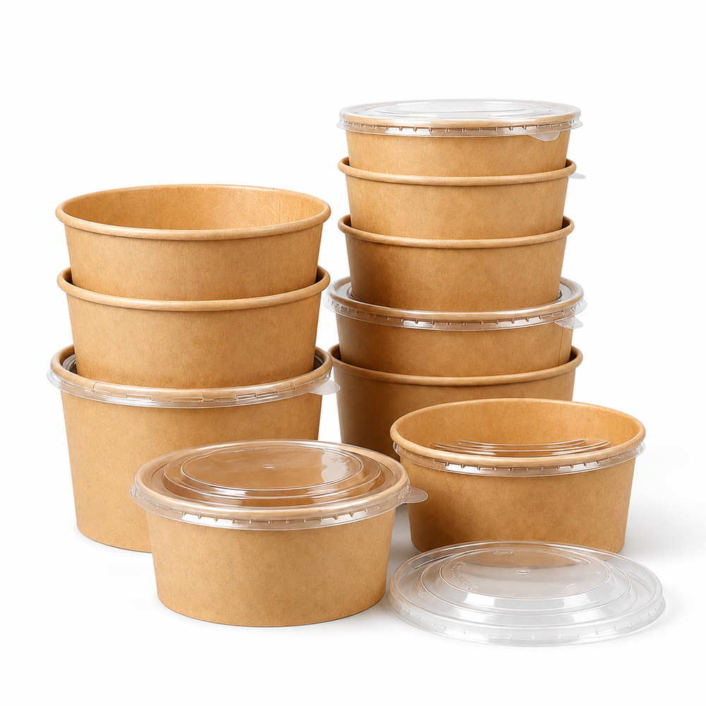 Round Paper Bowls with Clear Lids for Takeaway Meals