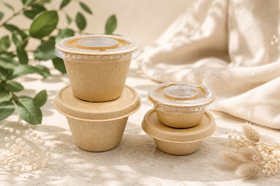 Stackable bagasse sauce cups with lids for transport and storage