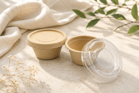 Stackable bagasse sauce cups with lids for transport and storage