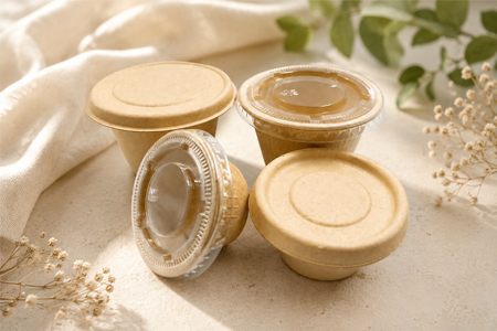 Stackable bagasse sauce cups with lids for transport and storage