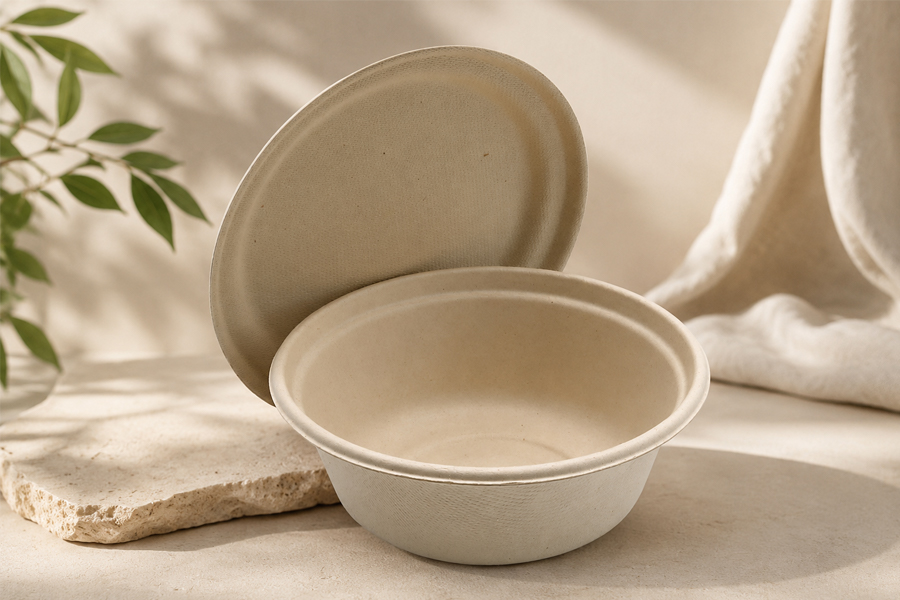 Sugarcane bagasse bowls with natural molded fiber texture for wholesale food packaging