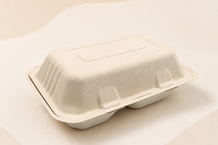 Sugarcane bagasse clamshell box with hinged lid for restaurant takeout