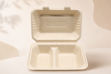 Sugarcane bagasse clamshell box with hinged lid for restaurant takeout
