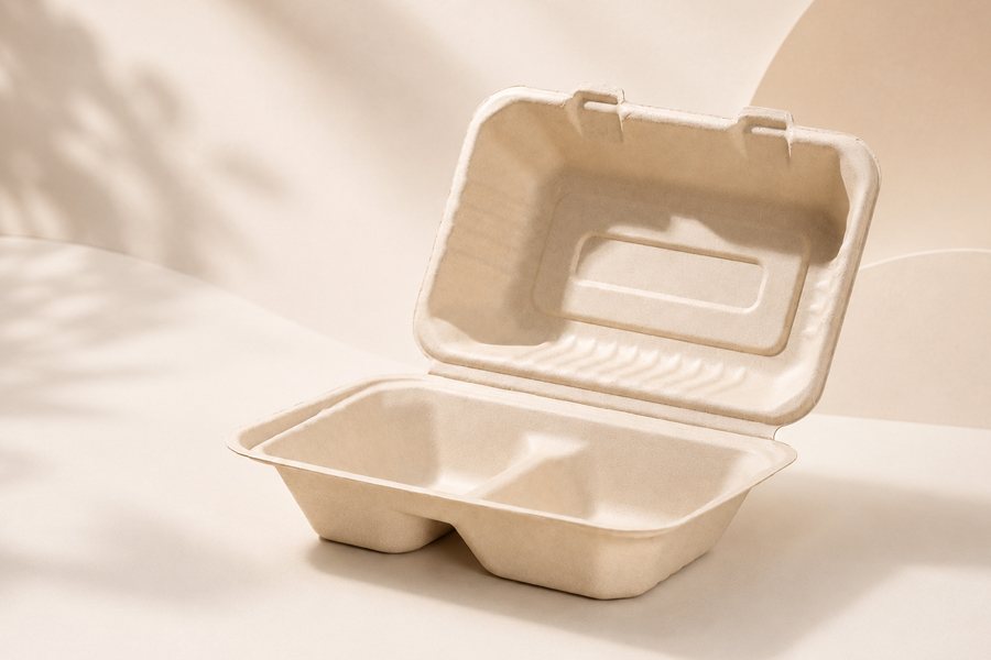 Sugarcane bagasse clamshell box with hinged lid for restaurant takeout