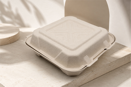 Sugarcane bagasse clamshell box with hinged lid for restaurant takeout