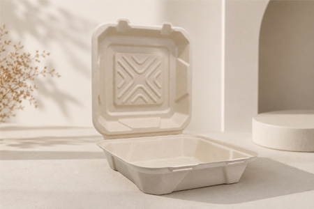 Sugarcane bagasse clamshell box with hinged lid for restaurant takeout