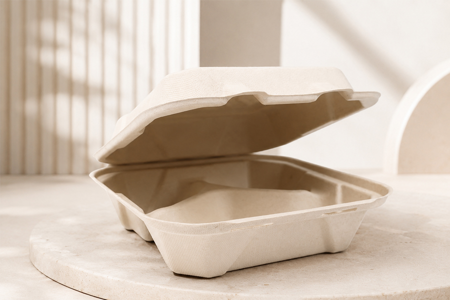 Sugarcane bagasse clamshell box with hinged lid for restaurant takeout