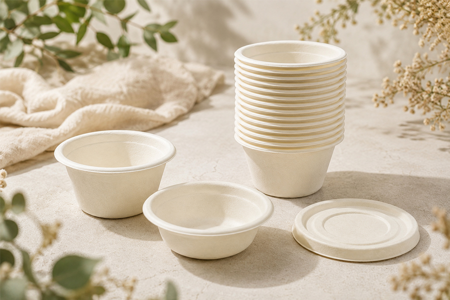 Sugarcane bagasse cups with lids for small portion food service use