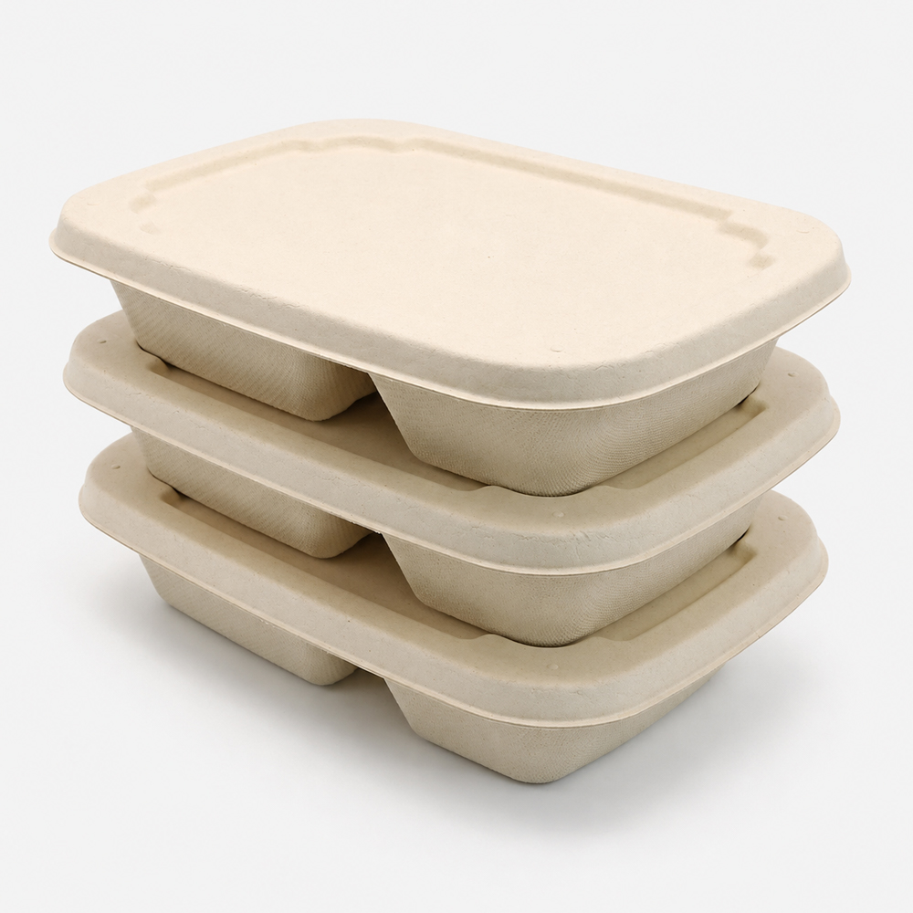 Two-Compartment Bagasse Food Container with Lid