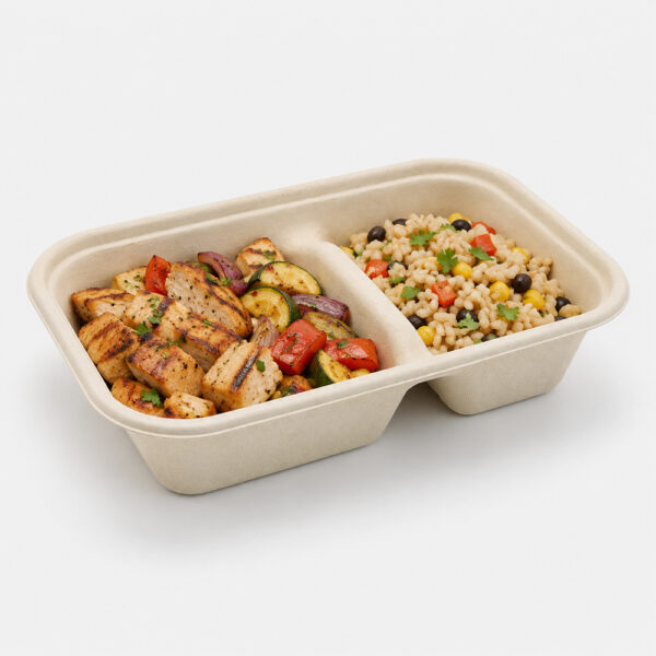 Two-Compartment Bagasse Food Container with Lid Two-Compartment Bagasse Food Container with Lid