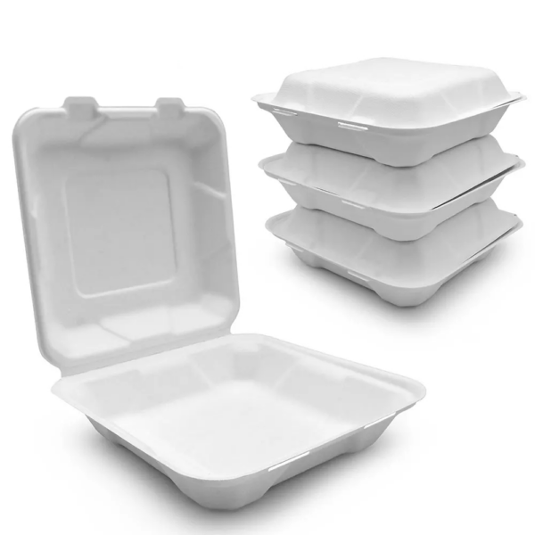 White Molded Fiber Clamshell Food Box for Takeout Meals White Molded Fiber Clamshell Food Box for Takeout Meals
