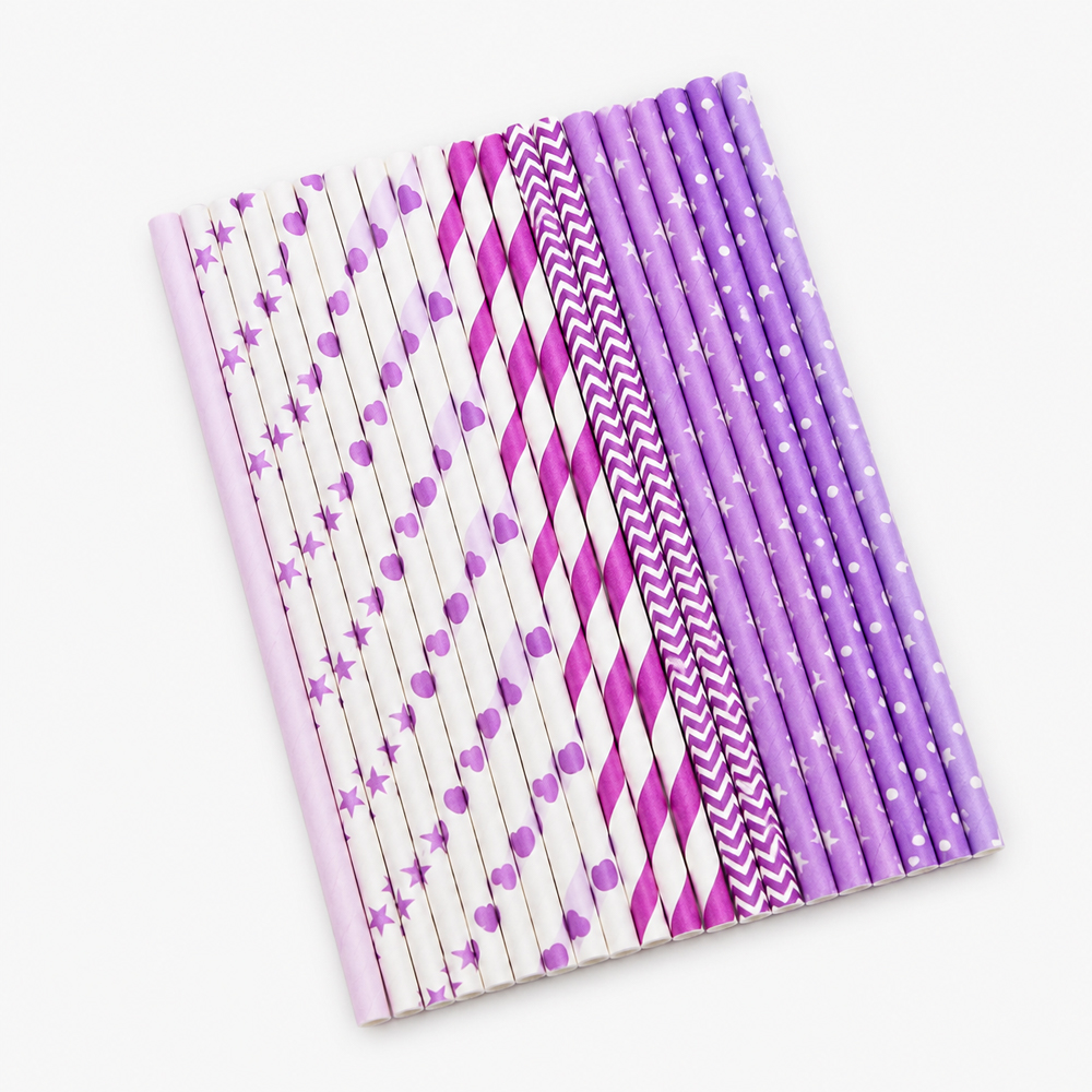 Assorted Purple Printed Paper Straws for Drink Service