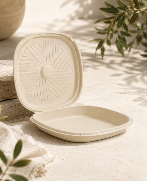 Assorted bamboo fiber trays for catering and hospitality