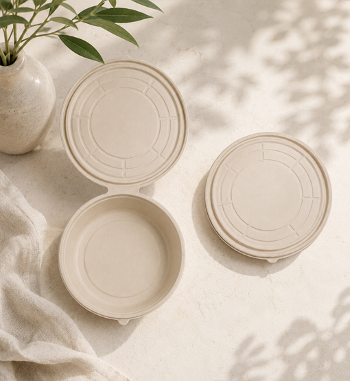 Assorted bamboo fiber trays for catering and hospitality