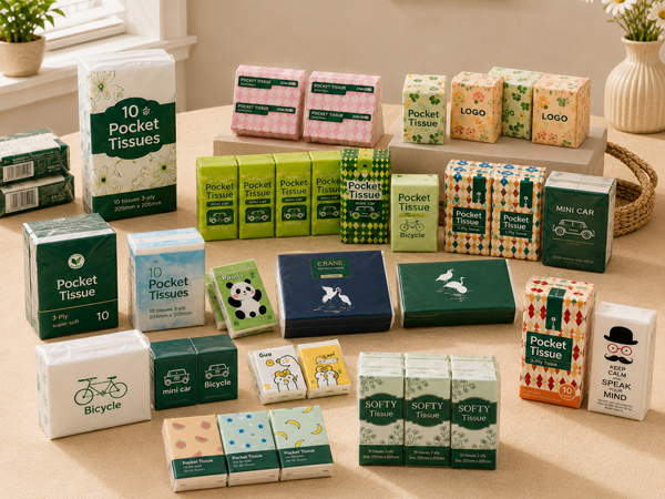 Assorted pocket tissue packs in different sizes and packaging styles
