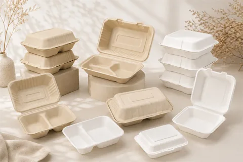 Bagasse clamshell boxes for wholesale takeaway packaging
