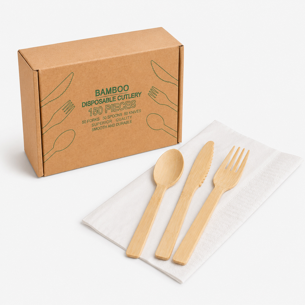 Bamboo Disposable Cutlery Set in Kraft Retail Box