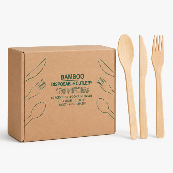 Bamboo Disposable Cutlery Set in Kraft Retail Box Bamboo Disposable Cutlery Set in Kraft Retail Box