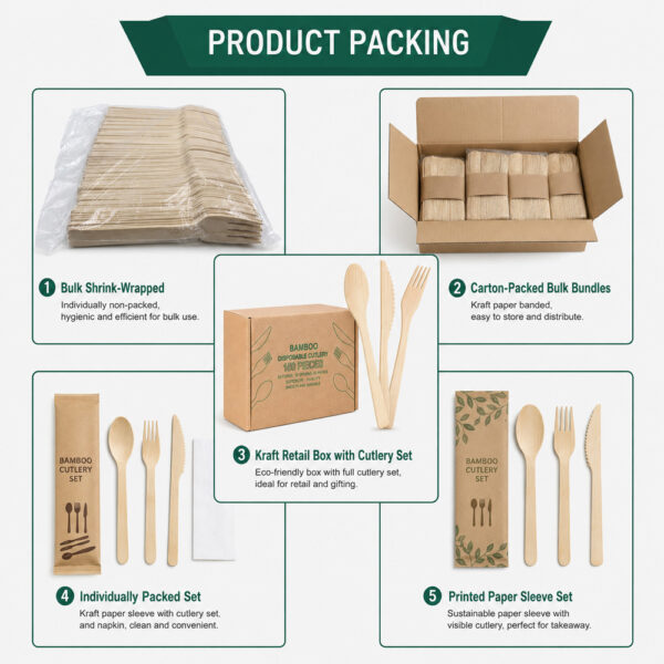 Bamboo Disposable Cutlery Set in Kraft Retail Box Bamboo Disposable Cutlery Set in Kraft Retail Box