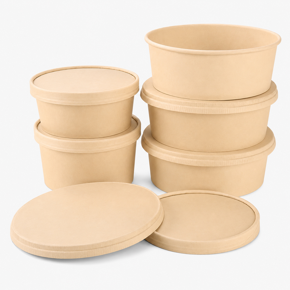 Bamboo Fiber Kraft Paper Bowl with Lid for Takeaway