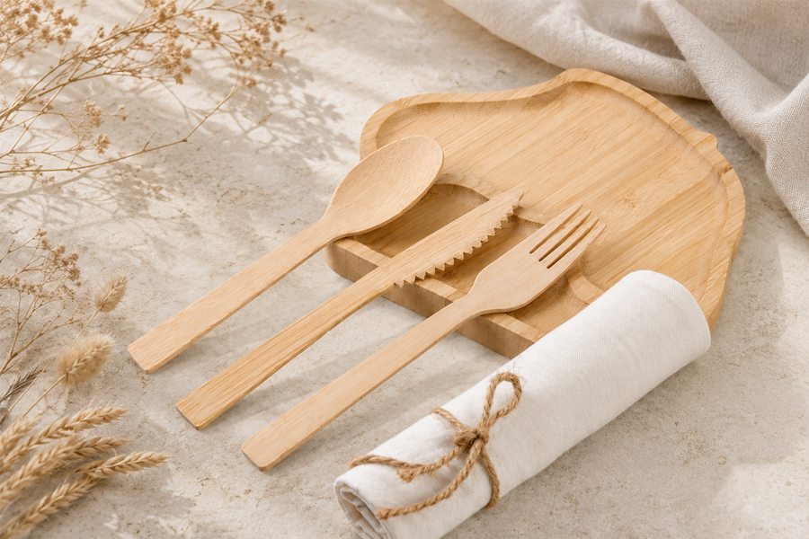 Bamboo cutlery set beside disposable food packaging