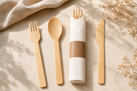 Bamboo cutlery set beside disposable food packaging
