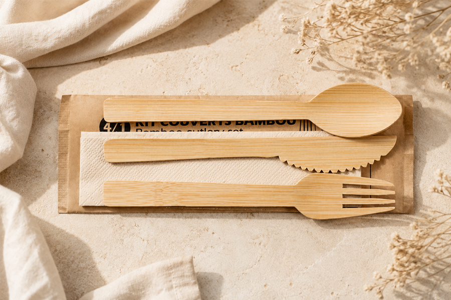 Bamboo cutlery set with spoon fork knife and napkin