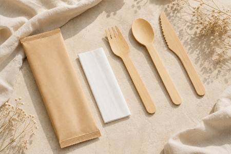 Bamboo cutlery set with spoon fork knife and napkin