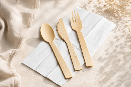 Bamboo cutlery set with spoon fork knife and napkin