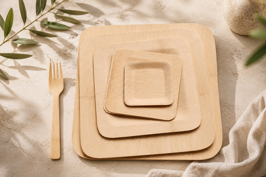 Bamboo forks, knives, sporks, and plates for foodservice buyers